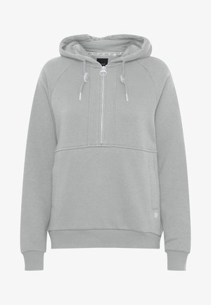 Helles graues Hoodie mit einem Frontreißverschluss, Kapuze mit Kordelzug und Kängurutasche. Verfügt über gerippte Bündchen und Saum, aus weichem Material gefertigt.