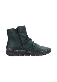 Botte à la cheville en cuir vert foncé avec une fermeture éclair latérale, texture plissée, semelle en caoutchouc noir et coutures contrastantes le long du bord.