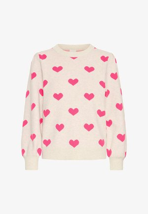 Heled halli kootud kampsun suurte roosa südame mustritega. Omab ümmargust kaelust ja soonikkoes varrukate ja alläärega. Pehme tekstuur.