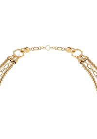 Guldhalsband med flera rader som har texturerade kedjor och hexagonala detaljer med låsning. Designen är delikat och lager-på-lager.