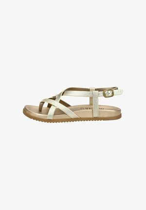 Leren sandaal in metallic goud, met kruisschoenen, een achterbuckle en een platte rubberen zool met een gestructureerde grip.