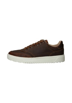 Bruine leren sneaker met geperforeerde details, crèmekleurige rubberen zool, bruine veters en minimale stiksels.