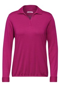 Fuchsia långärmad polotröja med krage, gjord av mjukt tyg, med avslappnad passform och elastisk nederkant.