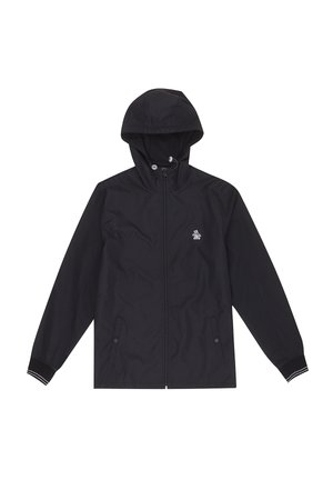 Black jacket with a hood, made of smooth fabric. Features a front zipper, side pockets, and striped cuffs. Small logo on the chest.