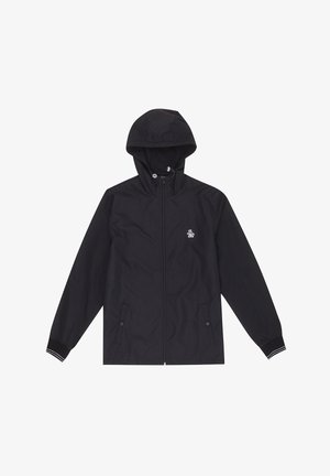 Veste noire avec capuche, fabriquée en tissu lisse. Présente une fermeture éclair sur le devant, des poches latérales et des poignets rayés. Petit logo sur la poitrine.