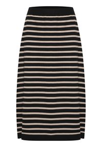 Raidallinen hame, joka on slim fit -mallinen, missä on vuorotellen mustia ja beigejä vaakaraitoja. Valmistettu pehmeästä, joustavasta neulekankaasta.