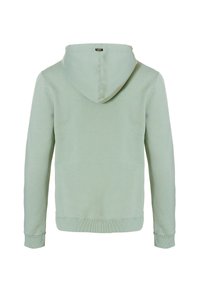 Lichtgroene hoodie met een kangoeroezak, een trekkoordcapuchon, ribgebreide manchetten en zoom. Glad materiaal met een subtiele textuur.