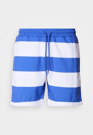 Pantaloni da bagno blu e bianchi a righe, realizzati in tessuto leggero, con una vita elastica e un cordoncino regolabile, caratterizzati da una superficie liscia.