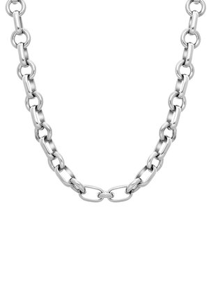 Zilveren ketting met een ontwerp van in elkaar grijpende ronde en verlengde schakels met een glanzende afwerking. Het ontwerp is minimalistisch met een uniforme textuur.