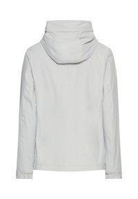 Lichtgrijze hoodie met lange mouwen, elastische manchetten en een gladde achterzijde zonder zichtbare sluitingen of zakken.