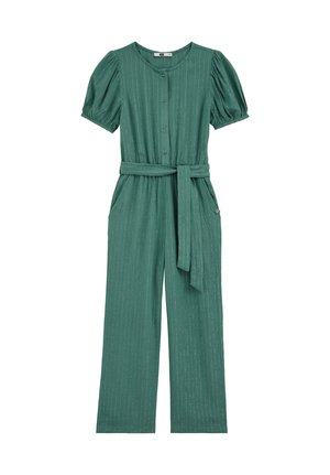 Grøn heldragt med korte pufærmer, knapper foran, et subtilt lodret stribemønster, vide ben og et bælte i matchende stof i taljen.