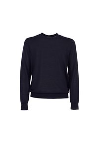 Maglione a maniche lunghe blu navy con scollatura rotonda, realizzato in materiale leggero, con polsini e orlo a costine, texture liscia.
