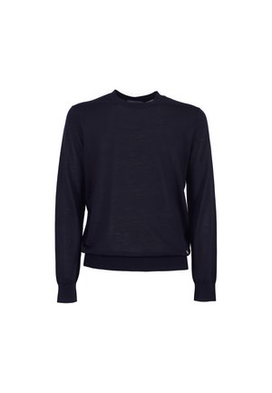 Granatowy sweter z długim rękawem i okrągłym dekoltem, wykonany z lekkiego materiału, z prążkowanymi mankietami i dołem, o gładkiej fakturze.