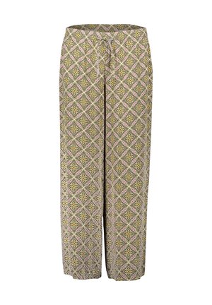 Gemusterte weite Hosen mit floralem und geometrischem Design in Grün, Gelb und Rosa, mit einem Kordelzugbund.