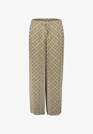 Pantaloni a gamba larga a fantasia con un design floreale e geometrico in verde, giallo e rosa, dotati di una cintura con cordino.