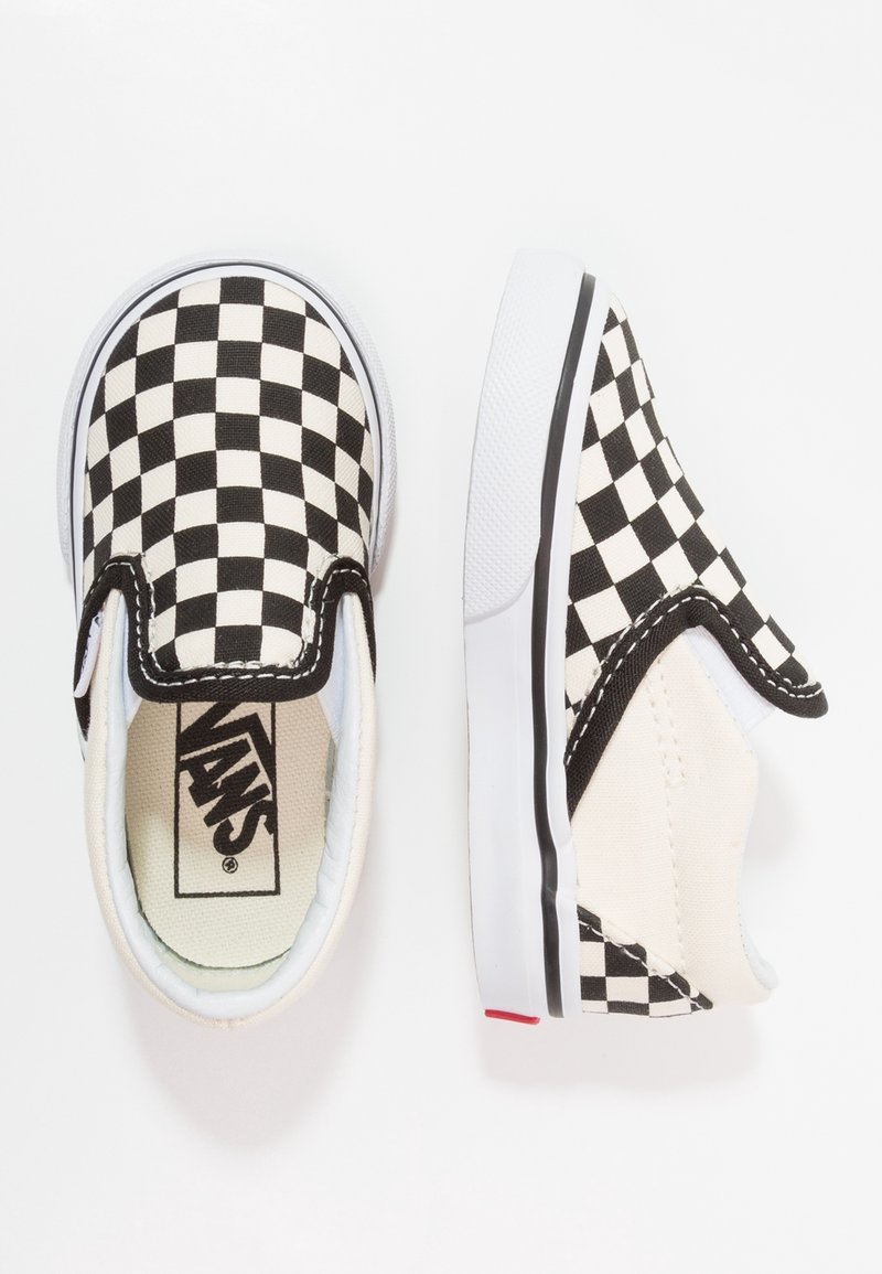 Chaussures Vans slip-on à carreaux noirs et blancs pour tout-petits, vues de dessus et de côté sur fond blanc.
