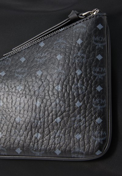 Black leather clutch bag with a textured surface, featuring subtle blue logos and diamond patterns, and a silver zipper closure.