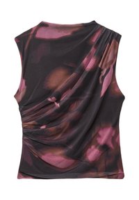 Ärmlös draperad topp med abstrakt rosa och brun blommönster på svart tyg, med samlade detaljer på ena axeln.