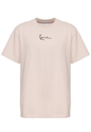 Helles rosa Baumwoll-T-Shirt mit lockerer Passform, Rundhalsausschnitt und kurzen Ärmeln. Verziert mit einem schwarzen Schriftlogo auf der Brust.