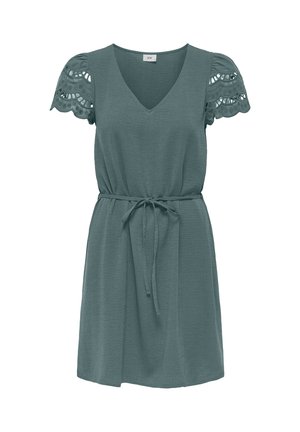 Short teal dress with V-neck, short scalloped lace sleeves, and a tied waist belt.