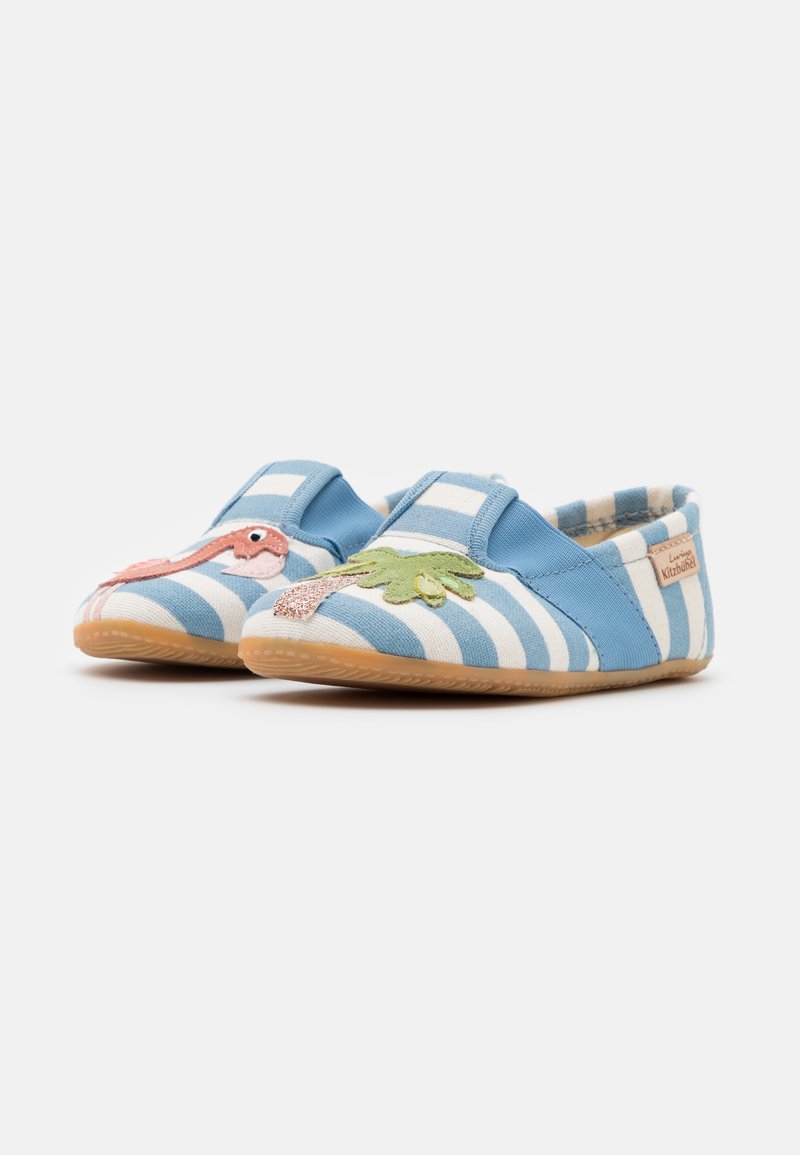 Kinder Klettschuhe | Living Kitzbühel T-MODELL GESTREIFT MIT FLAMINGO & PALME Slipper himmel/hellblau - TC32569 Kinder Klettschuhe | Living Kitzbühel T-MODELL GESTREIFT MIT FLAMINGO & PALME Slipper himmel/hellblau - TC32569