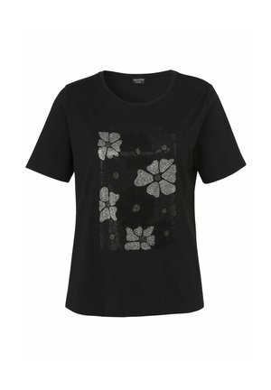Zwarte T-shirt met korte mouwen, ronde hals en zilveren bloemenpatroon aan de voorkant.