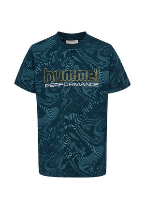 Kortærmet marineblå t-shirt med et tekstureret, hvirvlende mønster. Bærer "hummel" og "PERFORMANCE" i fed gul og hvid skrift.