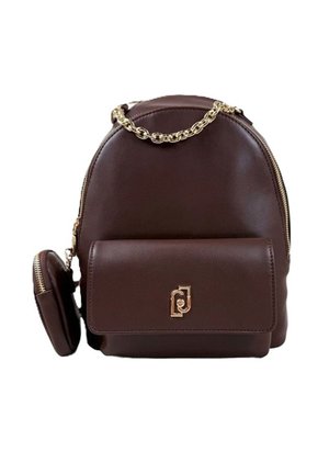 Zaino in pelle marrone scuro con tasca frontale, piccolo porta monete rotondo attaccato, manico a catena dorata e dettagli con cerniera dorata.