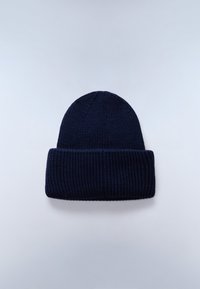Navy knitted beanie with a ribbed texture, featuring a folded cuff and a rounded top. Composed of stretchy, soft material.