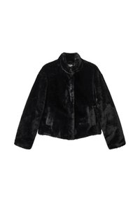 Chaqueta corta de piel sintética negra con cuello elevado, mangas largas y un acabado suave y texturizado. Cuenta con un cierre a presión en la parte delantera.