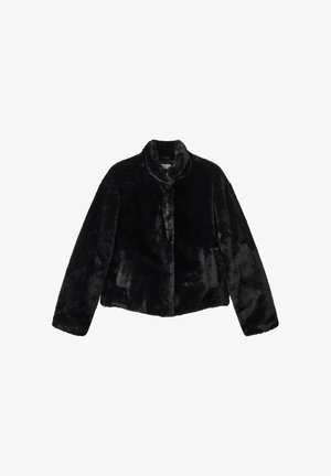 Schwarze Kunstfellcropped-Jacke mit Stehkragen, langen Ärmeln und einer weichen, strukturierten Oberfläche. Verfügt über einen frontalen Druckknopfverschluss.