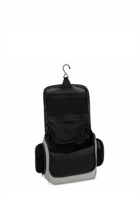 Borsa da toiletta nera appesa con gancio, dotata di più scomparti in rete e con zip, dettagli grigi e una forma strutturata per l'organizzazione.