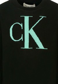 Maglione lavorato a maglia nero con un grande logo "CK" verde menta. Tessuto texturizzato con scollatura tonda e polsini a costine.