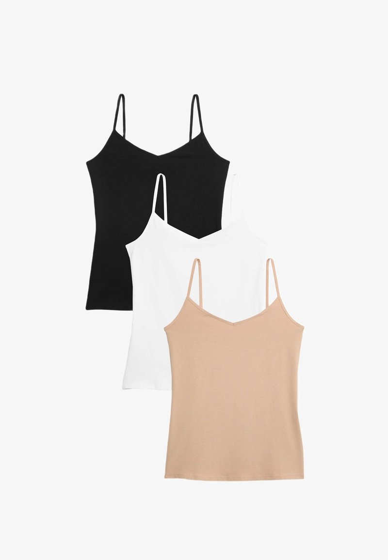 Trzy topy typu camisole w kolorach czarnym, białym i nude. Każdy ma regulowane ramiączka i dekolt w kształcie litery V, wykonany z miękkiej tkaniny.