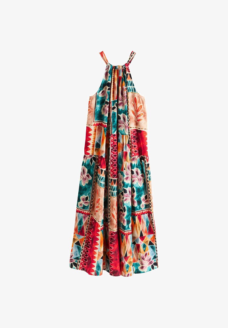 Robe longue sans manches avec un patchwork géométrique et floral multicolore, dotée d'un col froncé et de fines bretelles.