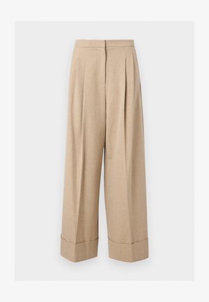 Pantalon beige à jambes larges, taille haute, plis devant et larges revers à l'ourlet, présenté sur fond blanc.
