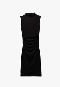 Schwarzes ärmelloses Kleid mit hochgeschlossenem Kragen, aus glattem Stoff gefertigt; verfügt über Raffung an der Seite, die eine figurbetonte Silhouette bietet.