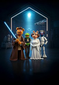 Quatre personnages marionnettes dans un décor de science-fiction : un ours brun avec un sabre laser bleu, une grenouille verte vêtue de noir, un cochon en robe blanche, et un robot bleu.