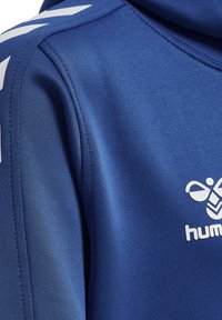 Felpa sportiva blu con una texture liscia, caratterizzata da strisce bianche sui lati e un logo sul fronte. Il materiale sembra elastico e leggero.
