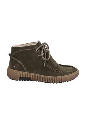 Olive-green suede ankle boots with a textured rubber sole, beige accents, and stitched detailing. Features laces and a soft interior lining.