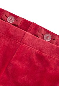Røde fløjlsbukser med en blød tekstur, der har en taljebånd med to runde knapper og en påsyet lomme.
