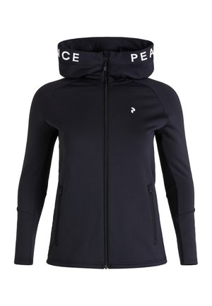 Black zip-up jacket with a high collar, featuring white "PEACE" text on the hood, zippered side pockets, and a fitted design.