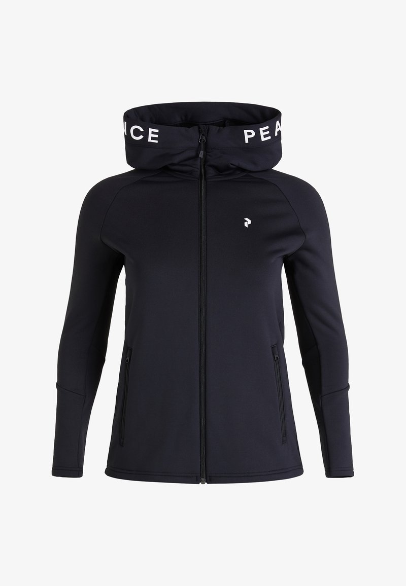 Black zip-up jacket with a high collar, featuring white "PEACE" text on the hood, zippered side pockets, and a fitted design.