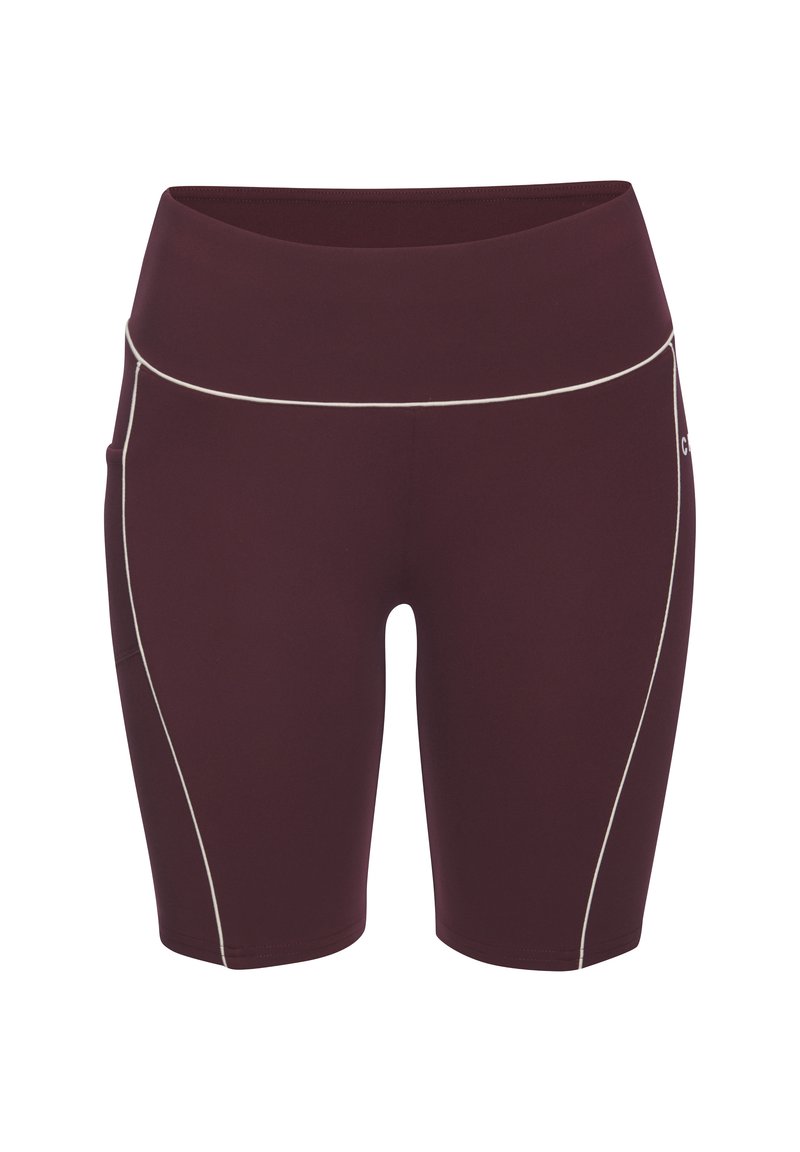 Shorts sportivi a vita alta di colore bordeaux con piping bianco lungo i lati e la vita, progettati per una vestibilità aderente.