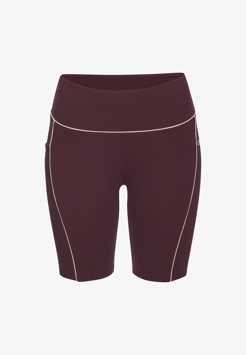 Shorts sportivi a vita alta di colore bordeaux con piping bianco lungo i lati e la vita, progettati per una vestibilità aderente.