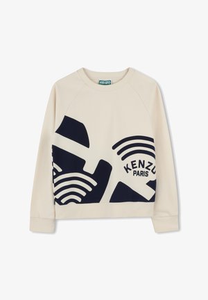 Crème sweatshirt met marineblauwe grafische ontwerpen, met de tekst "KENZO PARIS" en abstracte patronen. Gemaakt van zacht materiaal, met ribgebreide manchetten.