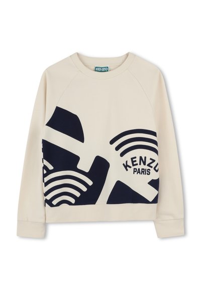 Crème sweatshirt met marineblauwe grafische ontwerpen, met de tekst "KENZO PARIS" en abstracte patronen. Gemaakt van zacht materiaal, met ribgebreide manchetten.