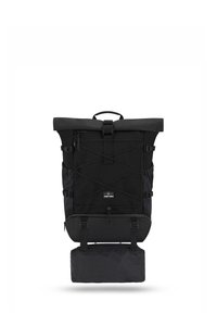 Black roll-top backpack with adjustable straps, zipper pocket, and front bungee cord design. Made from durable, water-resistant material.