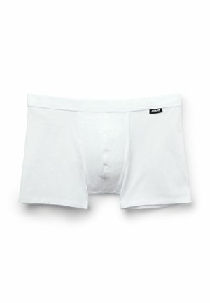 Weiße Baumwoll-Boxershorts mit einem horizontalen Bund, der ein schwarzes Etikett aufweist. Der Stoff ist glatt und elastisch, konzipiert für Komfort.