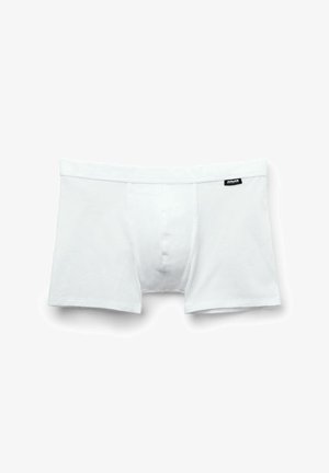 Weiße Baumwoll-Boxershorts mit einem horizontalen Bund, der ein schwarzes Etikett aufweist. Der Stoff ist glatt und elastisch, konzipiert für Komfort.